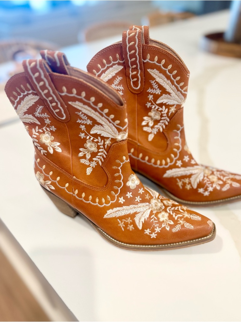 Embroidered Western Cowboy Boots Camel Floral Pointed Toe